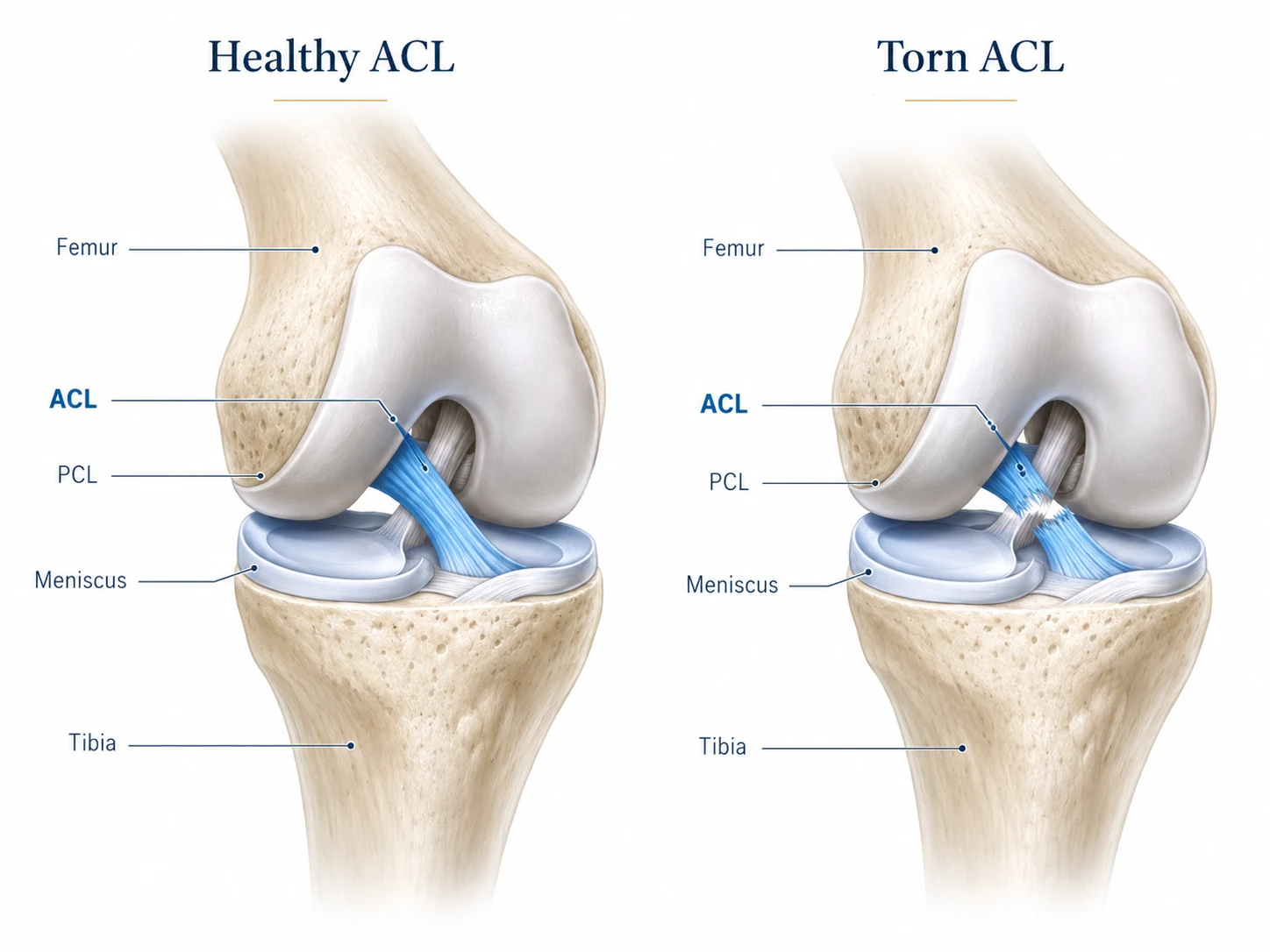 Patient-friendly diagram comparing a healthy ACL with a torn ACL