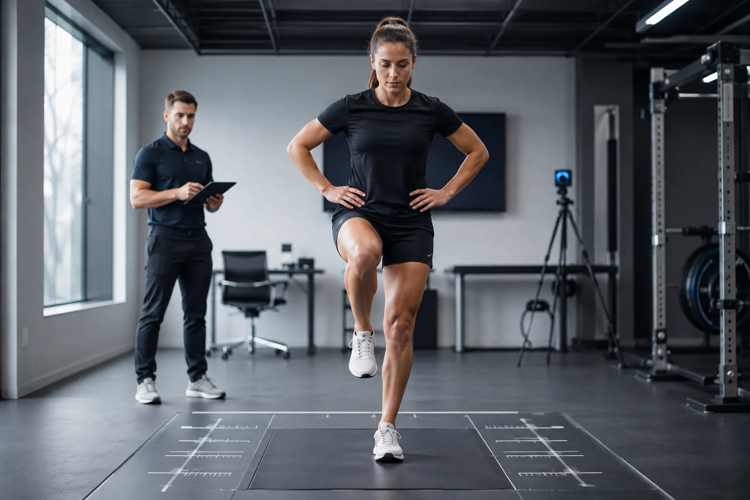 Athlete completing controlled single-leg return-to-sport testing in a sports performance laboratory