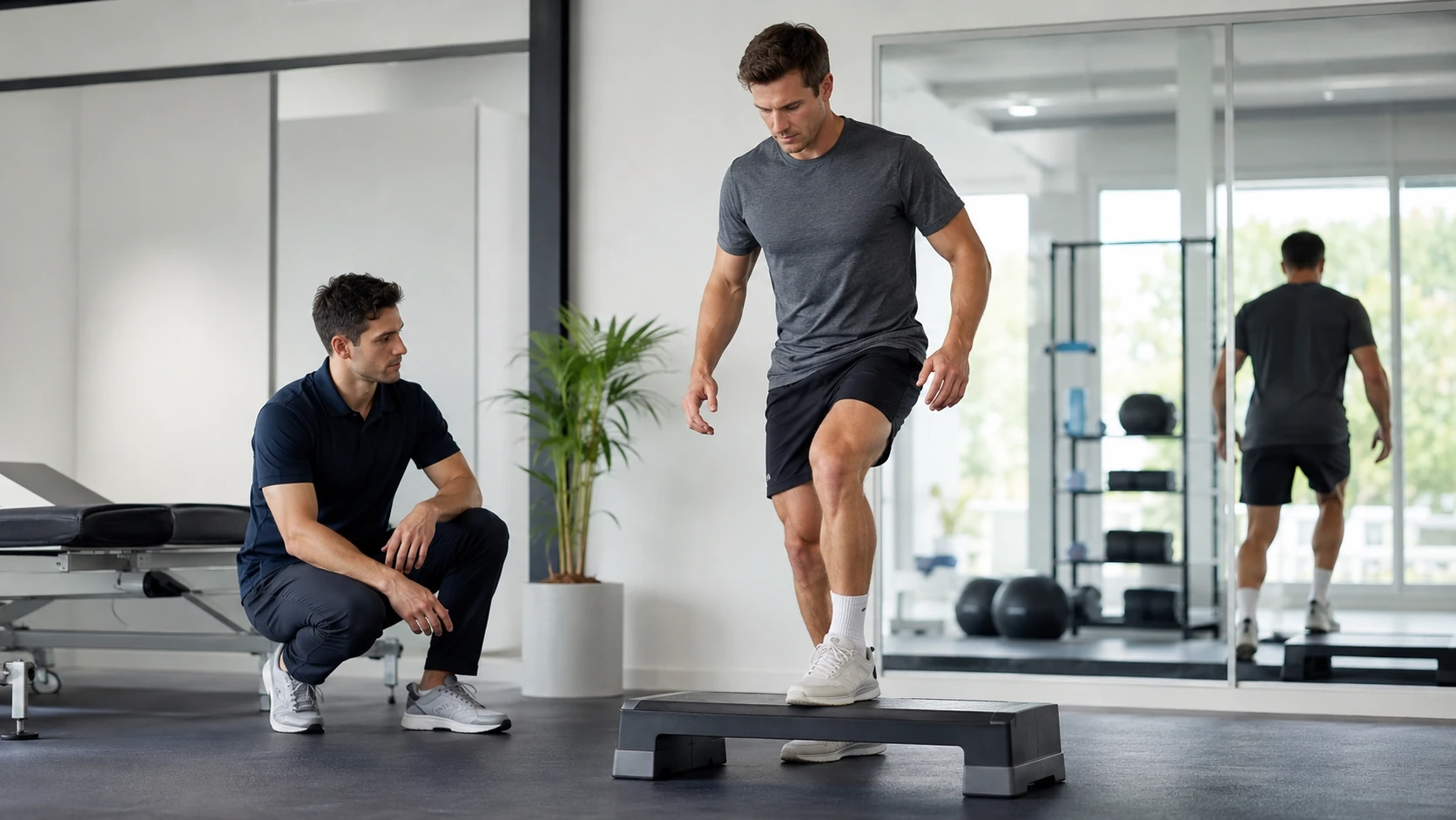 Active adult completing a controlled step exercise under physiotherapy supervision after ACL reconstruction