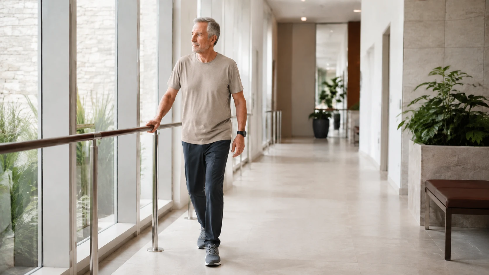 Older adult walking with support in a rehabilitation setting during functional mobility assessment