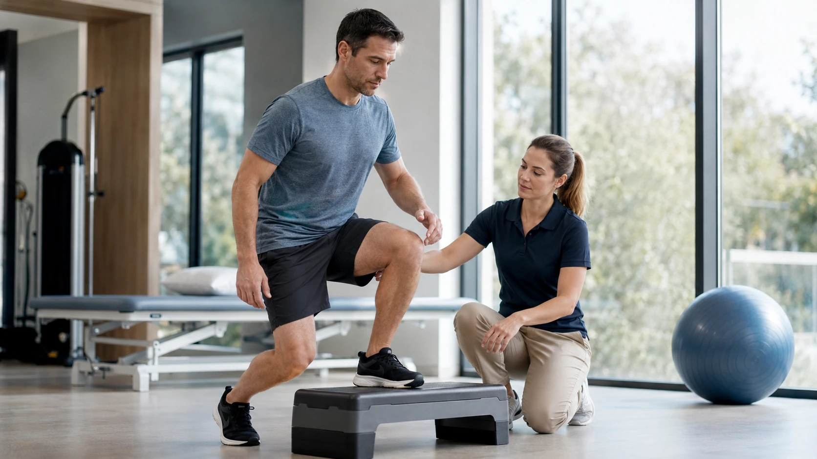 Patient performing a controlled step exercise with physiotherapy guidance after knee arthroscopy