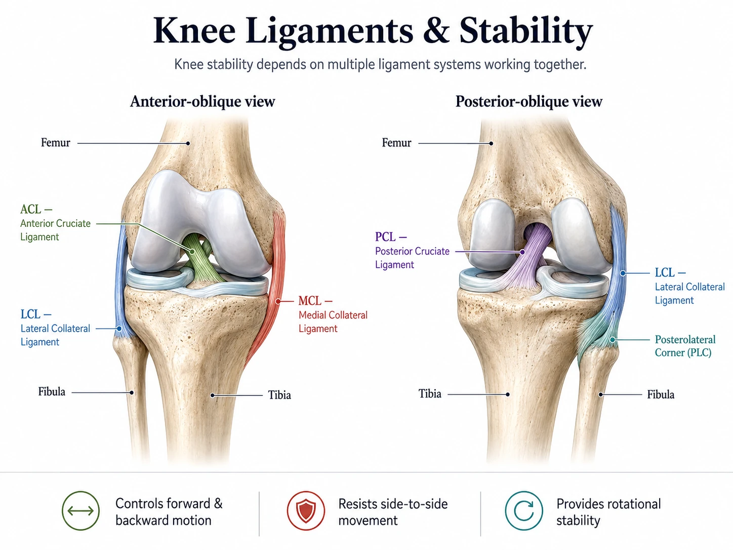 Labelled patient-friendly diagram showing ACL, PCL, MCL, LCL and posterolateral corner anatomy of the knee
