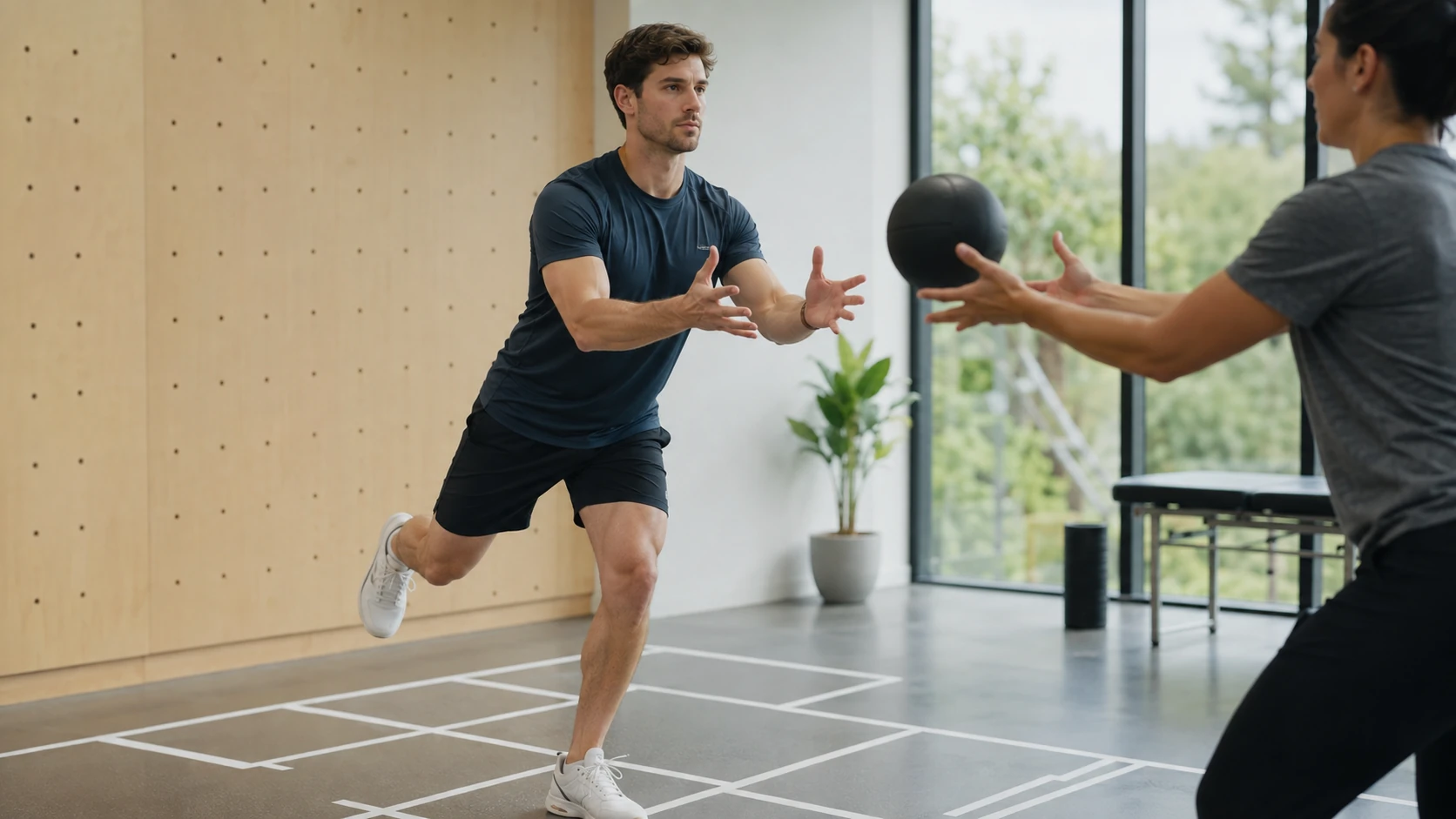 Active adult performing a controlled single-leg stability task while receiving a ball from a rehabilitation specialist
