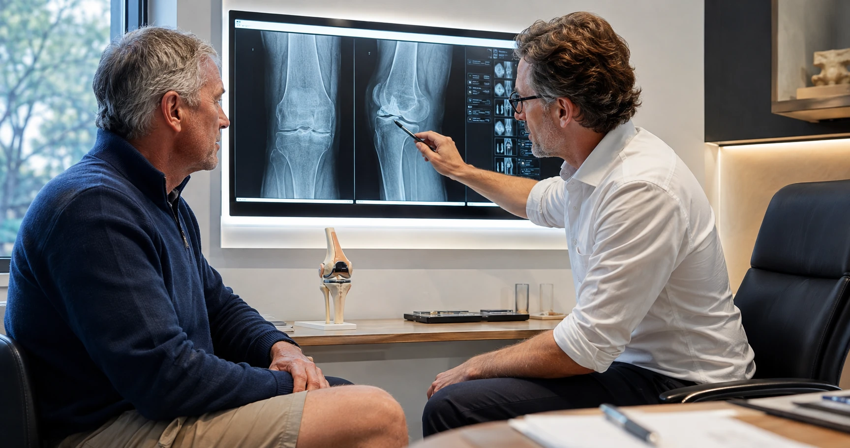 Knee specialist reviewing knee X-rays and surgical options with an adult patient