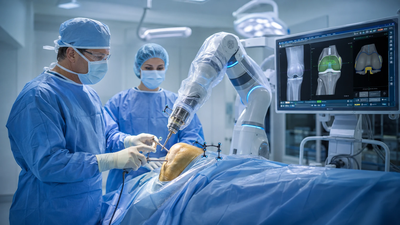 Robotic-assisted knee replacement surgery in a modern operating room