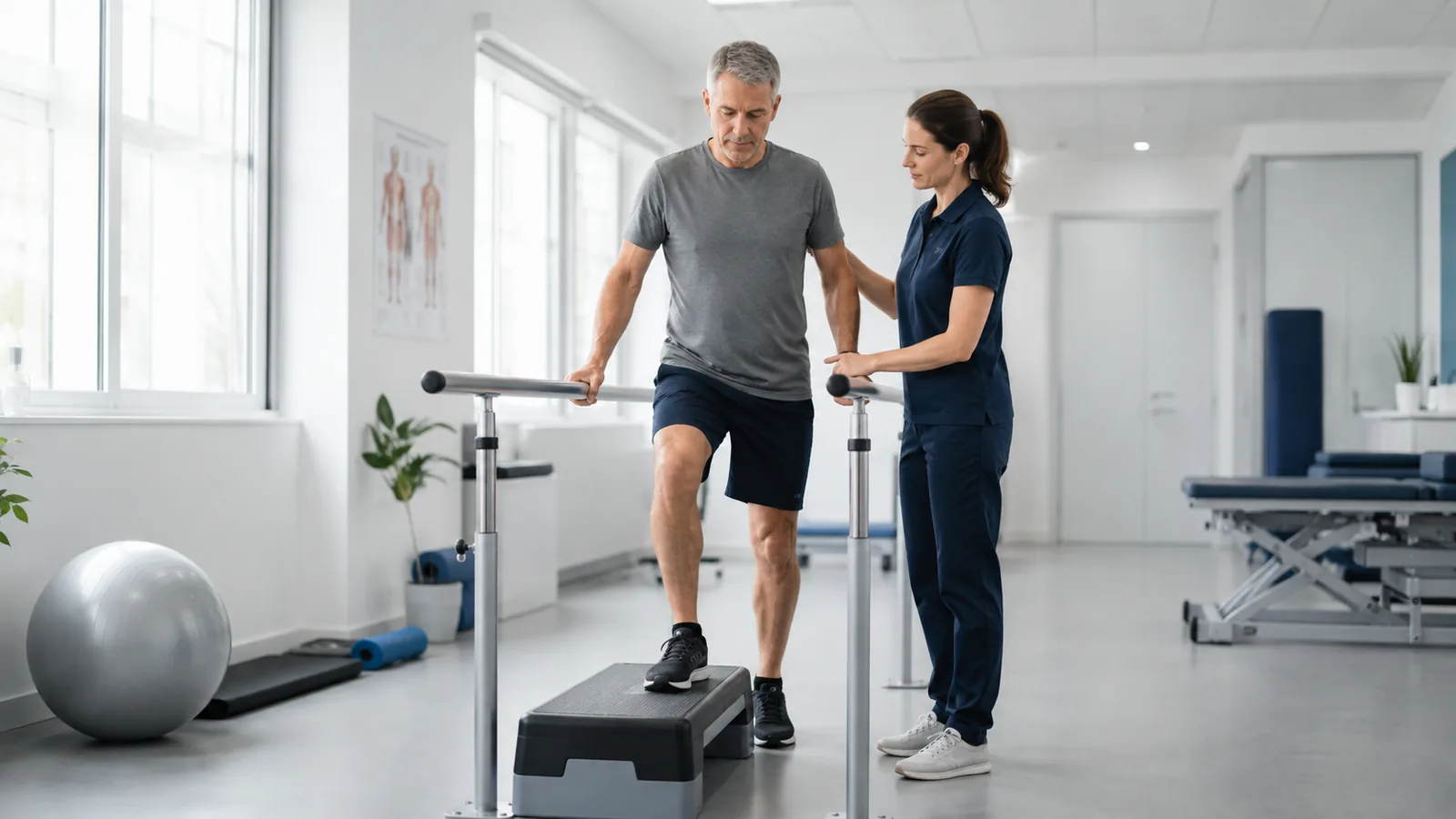 Patient completing supervised rehabilitation and a controlled step exercise in a physiotherapy setting