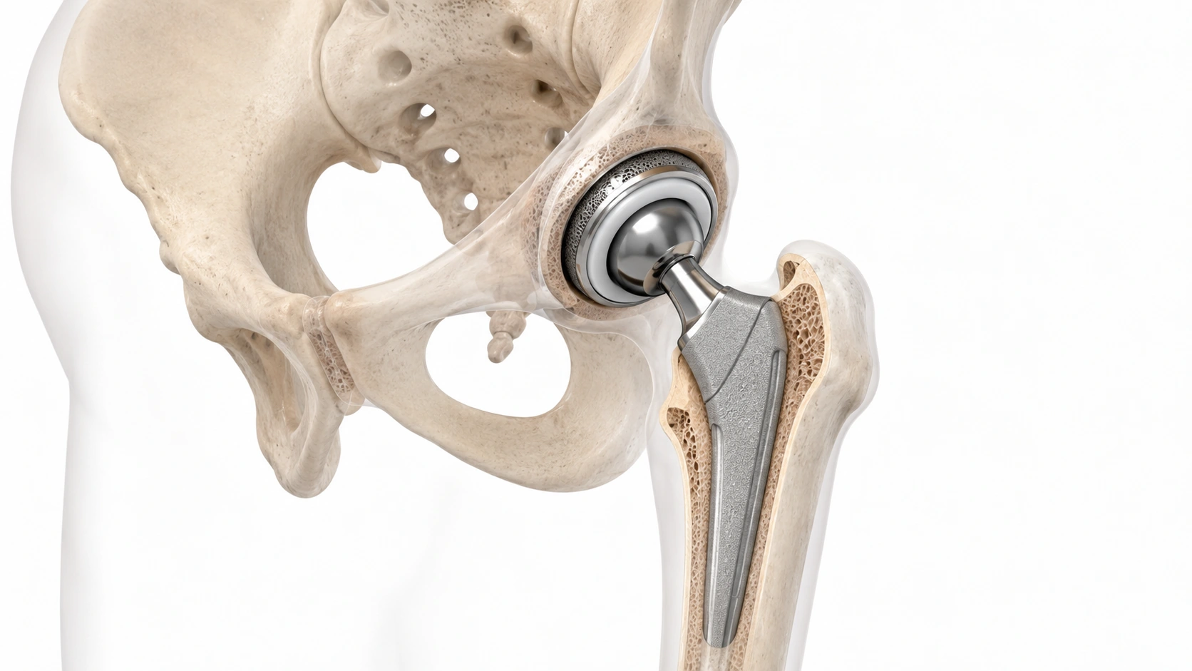 Educational medical illustration of total hip replacement components in anatomical position