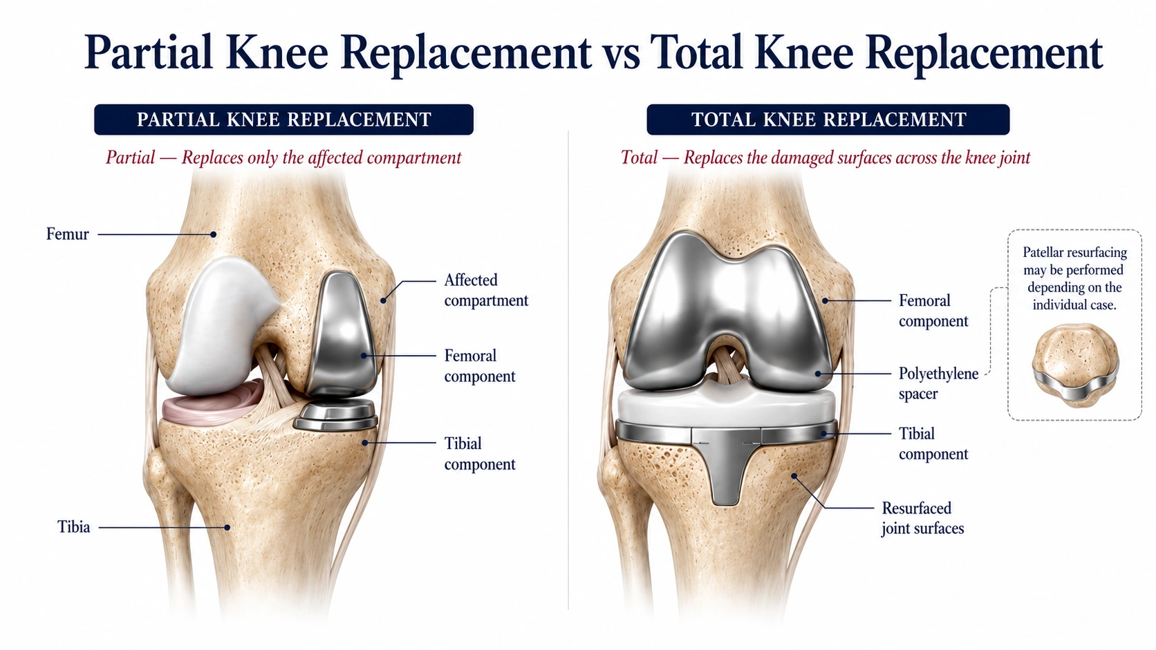 Medical illustration comparing partial knee replacement with total knee replacement