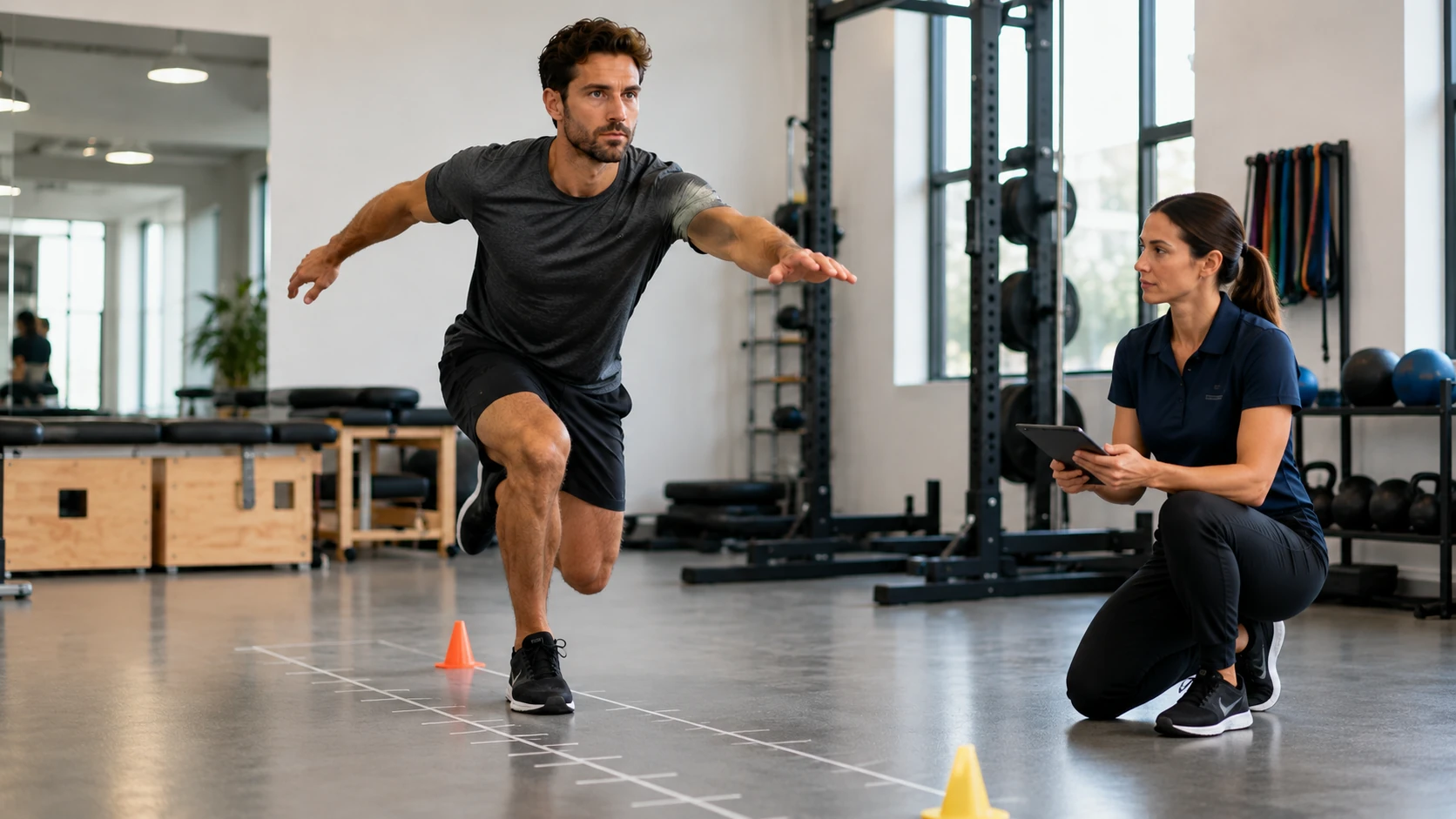 Athlete performing a single-leg functional return-to-sport test while a clinician observes with a tablet