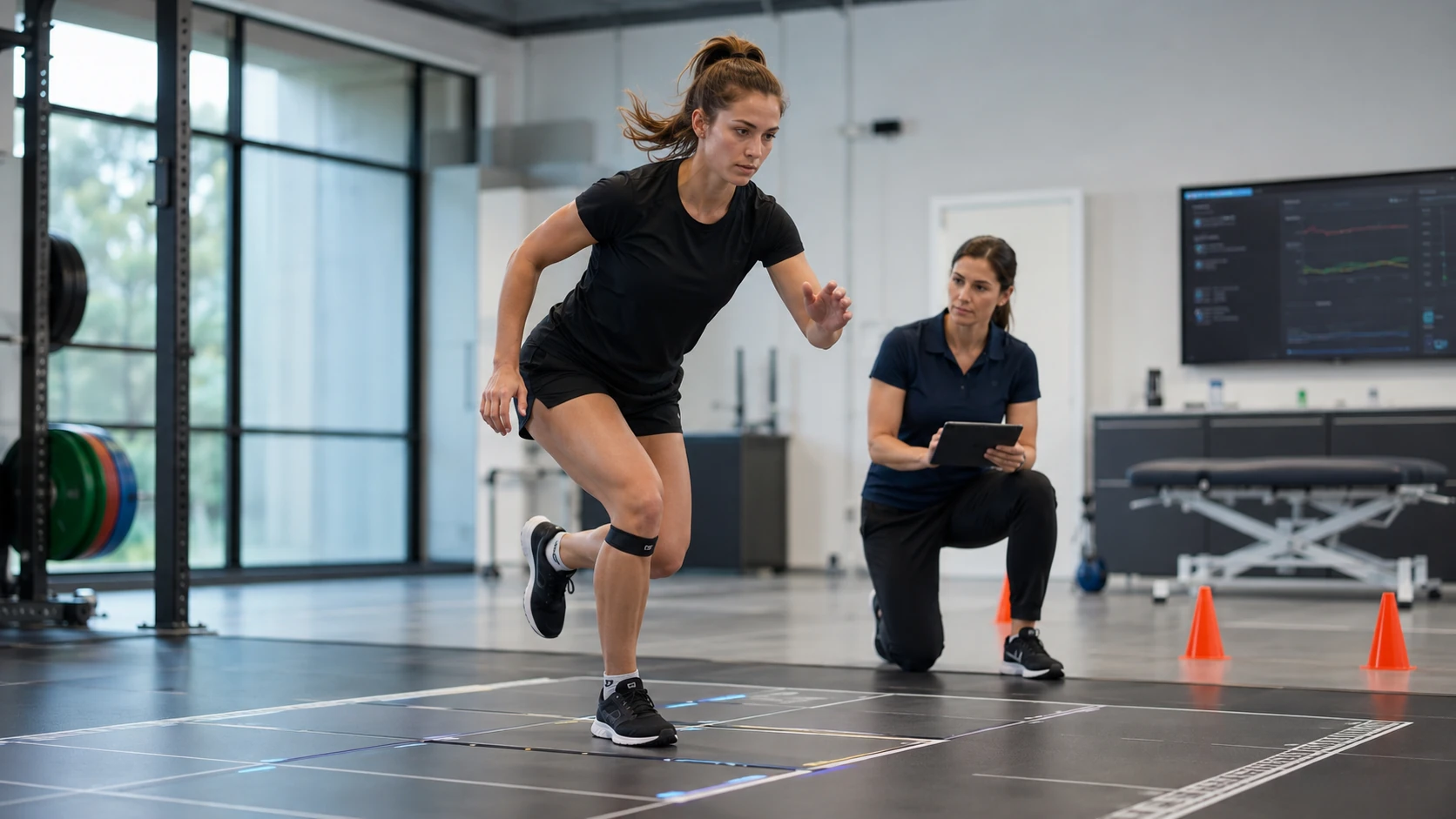 Athlete performing a single-leg movement assessment with a clinician observing