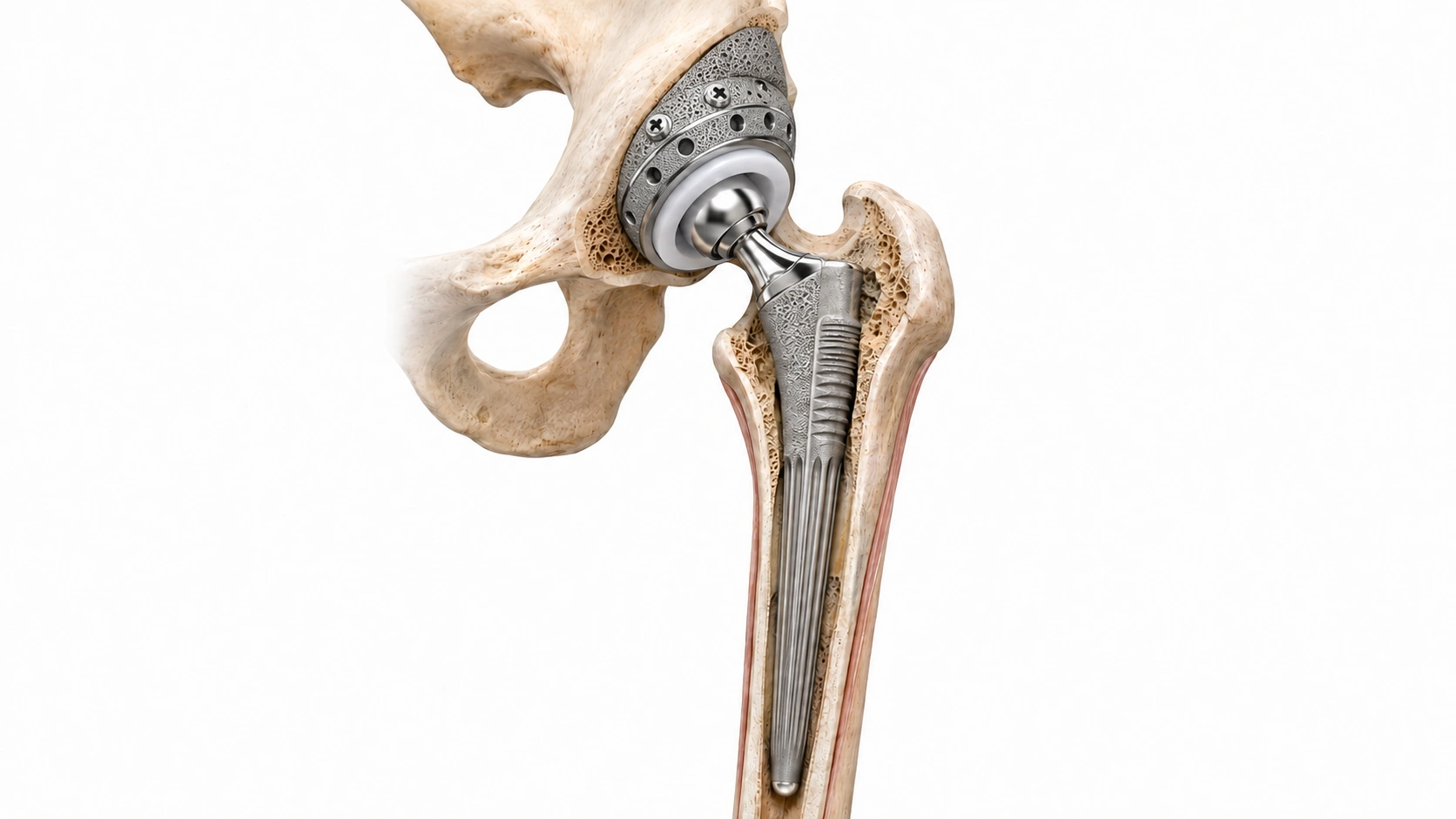 Educational illustration of specialised revision hip replacement components in anatomical position