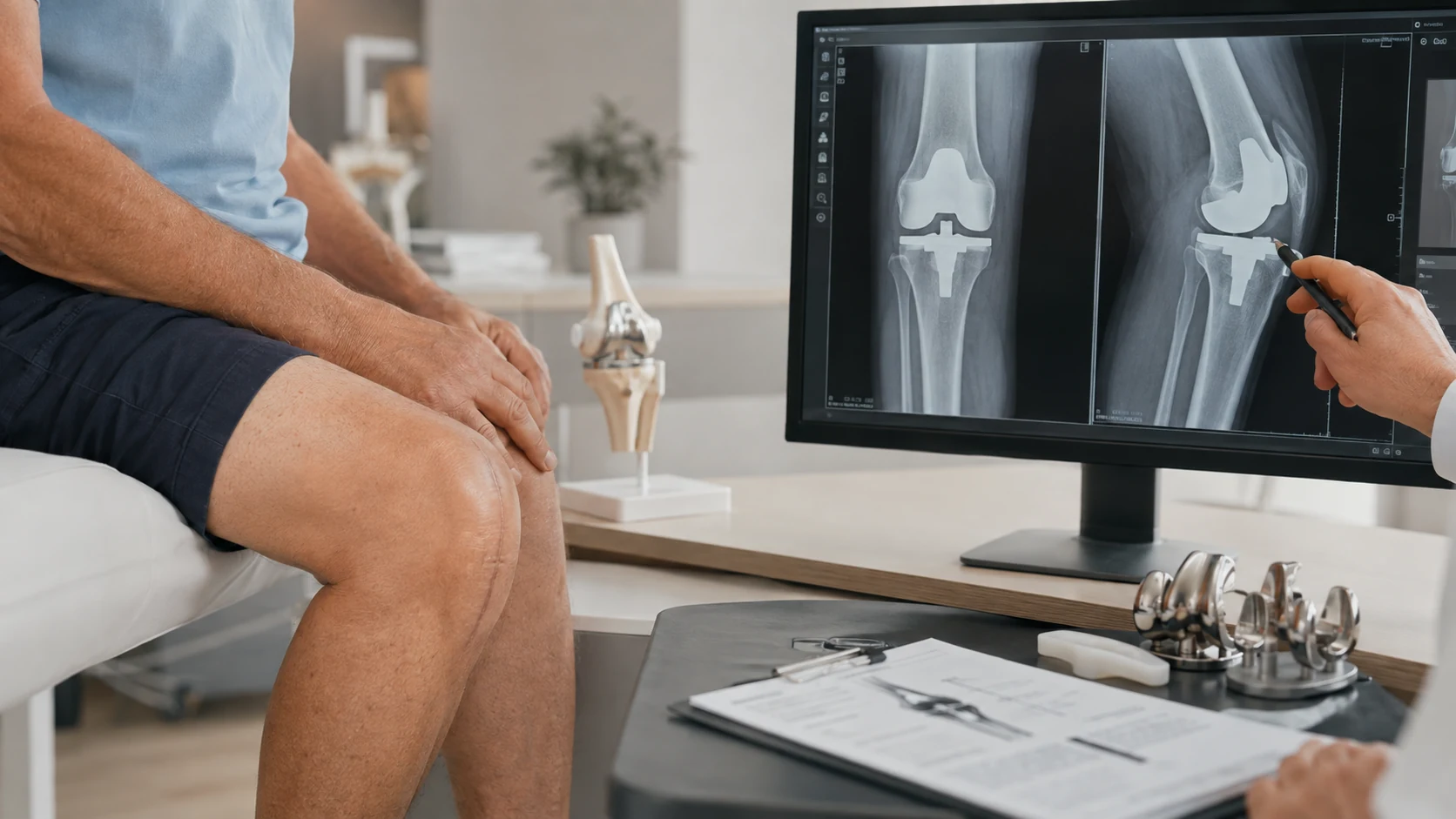 Patient with a previous knee replacement reviewing postoperative X-rays during specialist reassessment