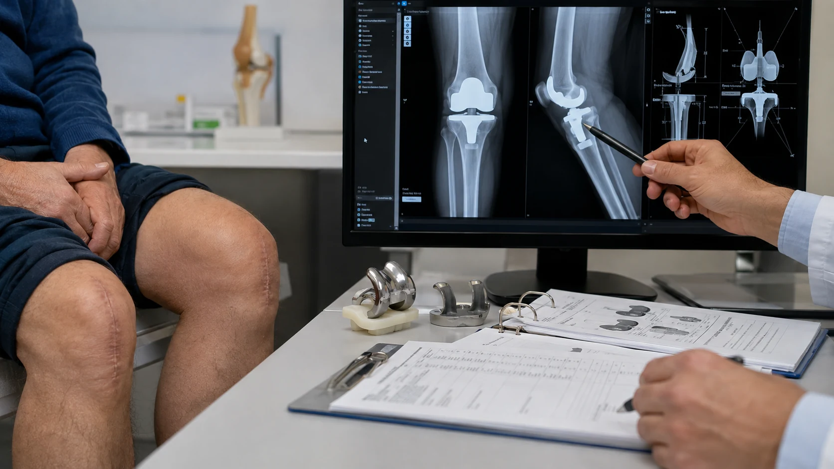 Patient and clinician reviewing knee replacement X-rays and revision implant planning options